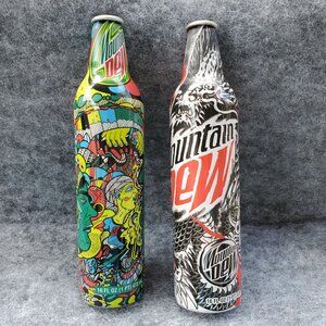Mountain Dew Lot Of 2 Collectible Aluminum Bottles Psychedelic & Dragon Designs